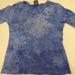 Sledge USA Blue Tie Dye Blouse Blue With  Rhinestone Design Large